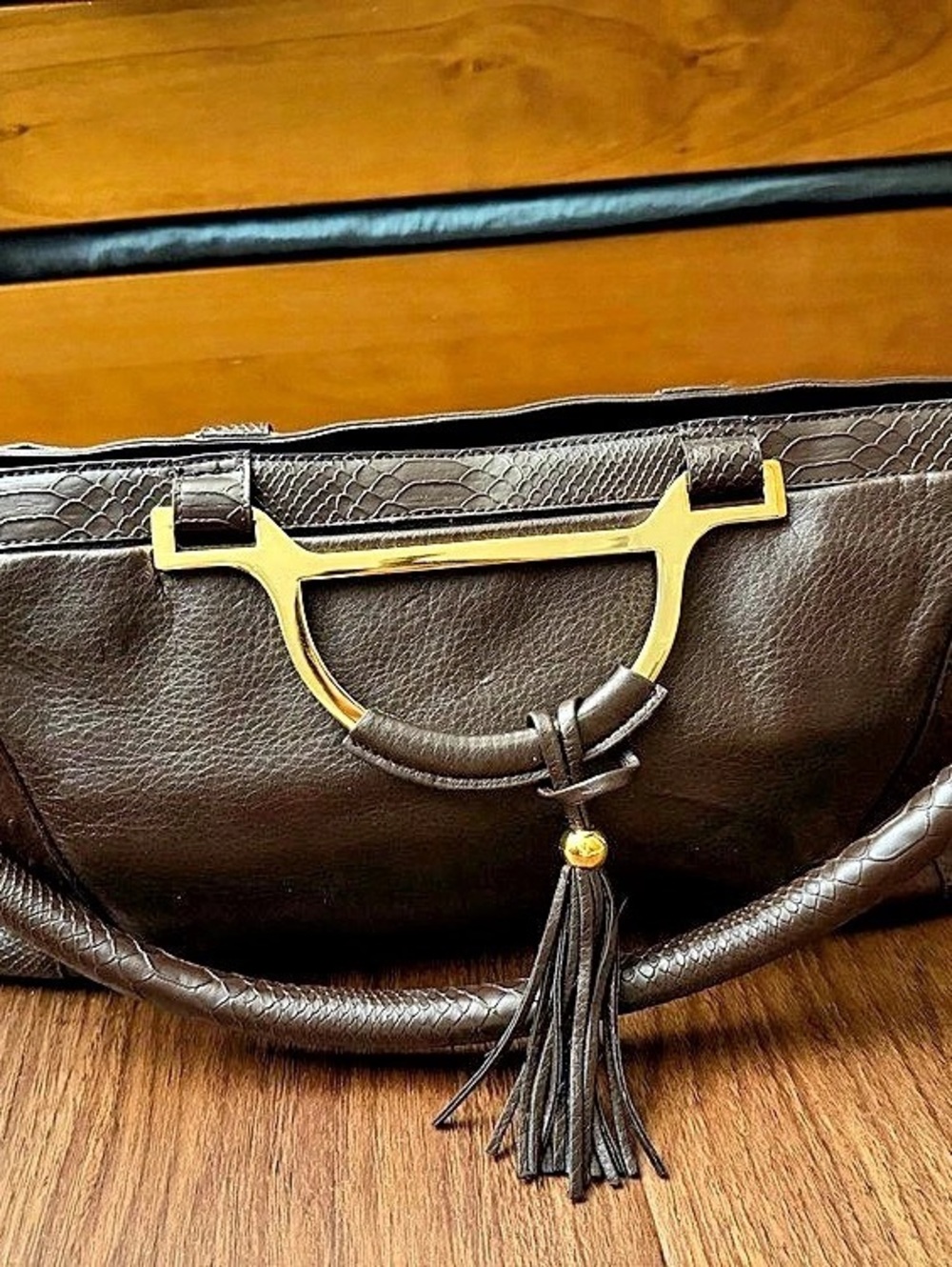 Brown Textured Satchel Shoulder Bag Gold Tone Handles Tassel Embossed Trim